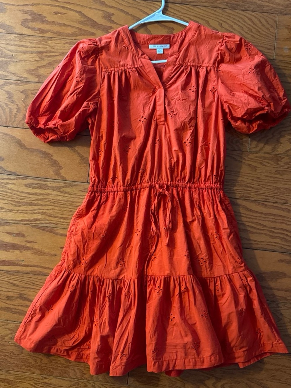 Orange Eyelet Tiered Puff-Sleeve Dress